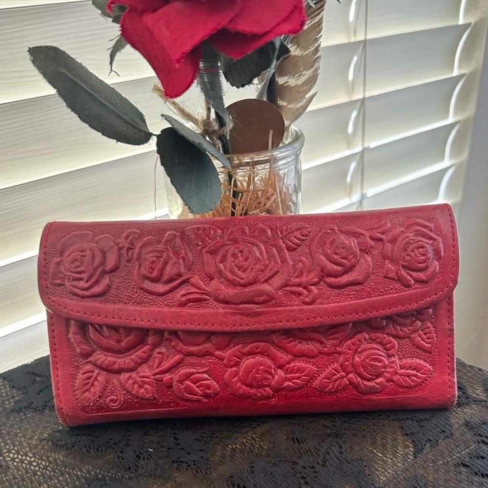 Red tooled leather wallet roses